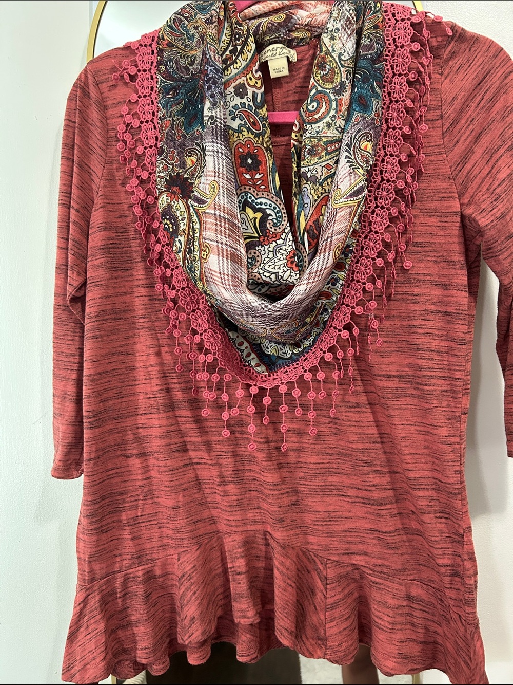 Coral Knit Peplum Tunic with Decorative Scarf